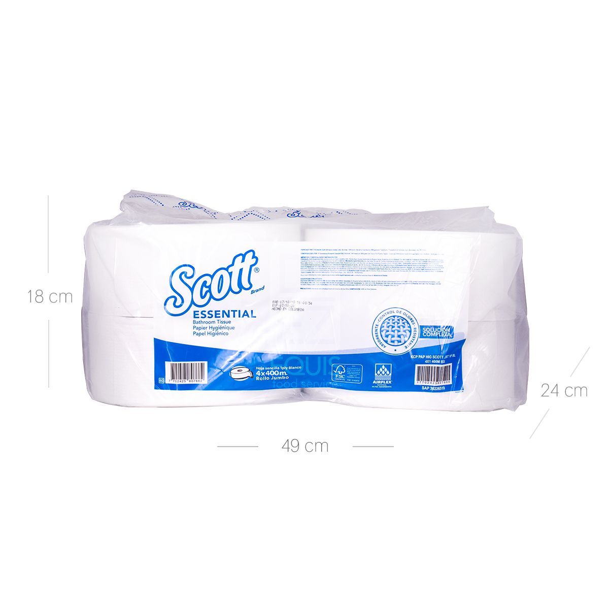 10X Papel Higiénico Blanco H Sencilla Scott Essential 6519 x 400 m x Paca x 4 Rollos