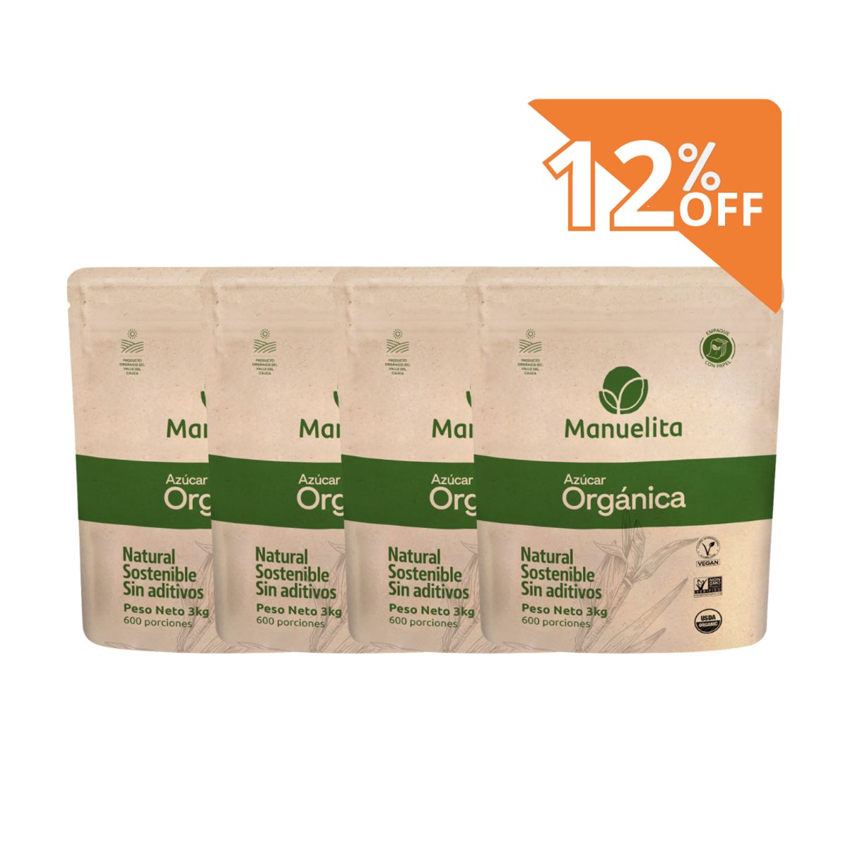 10X Lleve Paca x 4 Und Azúcar Orgánica Manuelita x 3000 Gr Con 12% Descuento