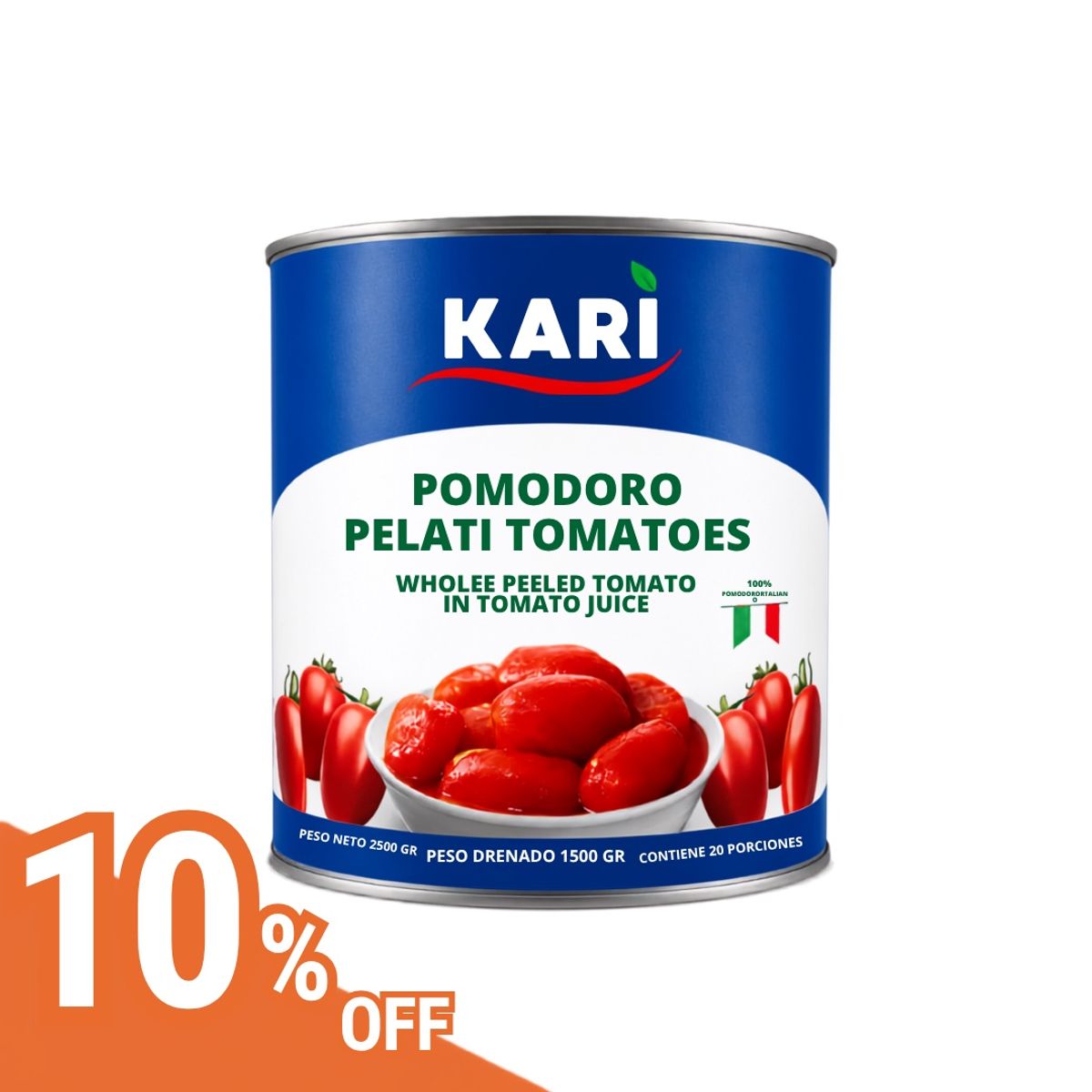 10X Tomate Entero Pelado Kari x 2500 Gr Lata