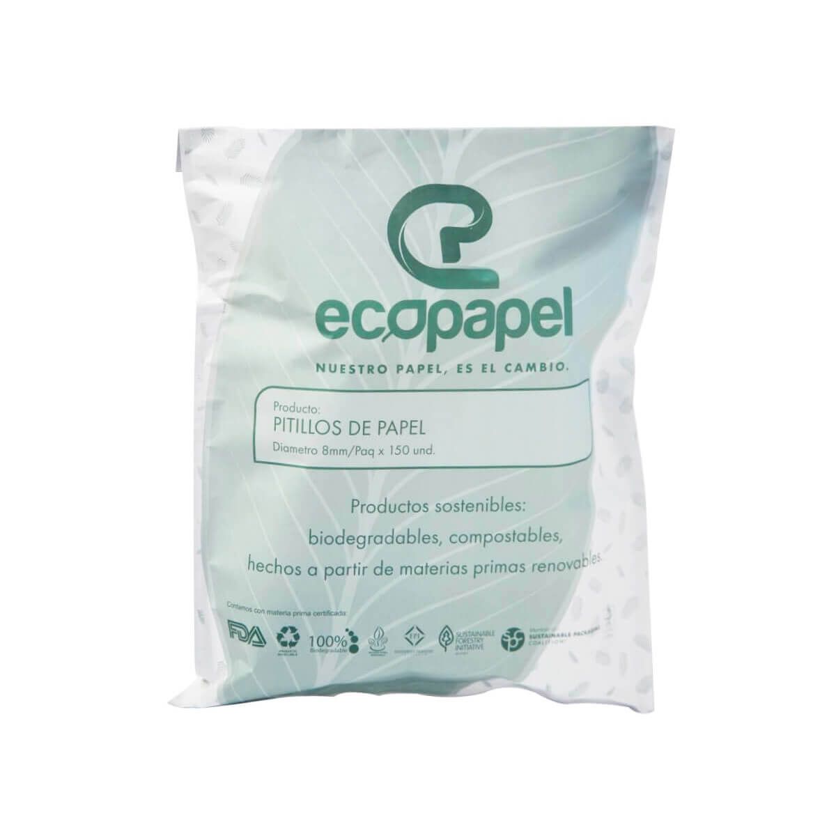 10X Pitillo de Papel Biodegradable Blanco 8mmx25cm x 150 Paquete