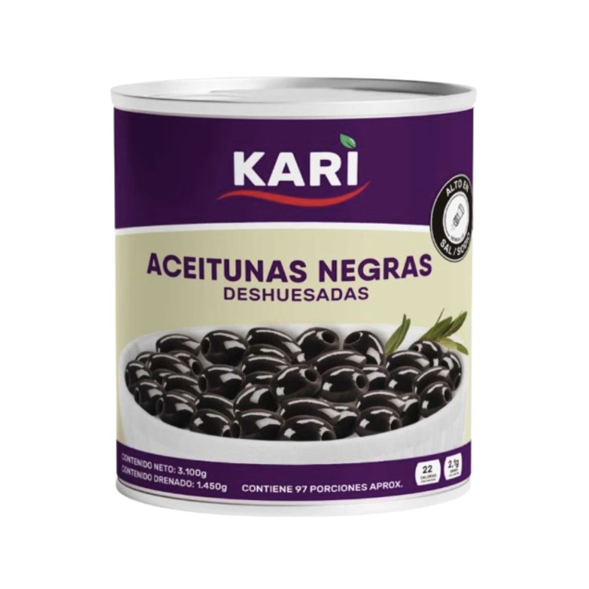 10X Aceituna Negra Entera Deshuesada Kari x 3100 Gr Lata Drenado 1560 Gr