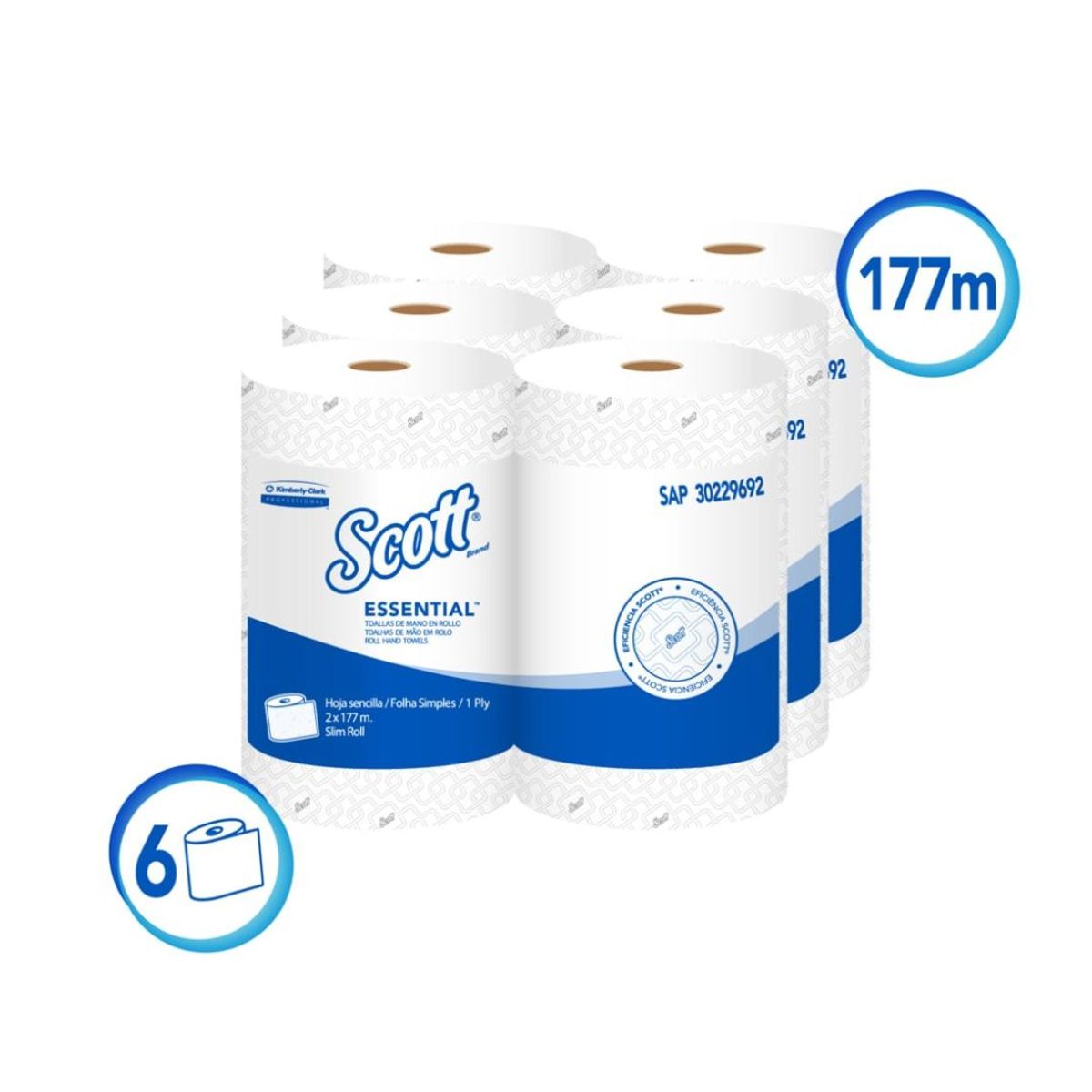 10X Toalla Mano Rollo Scott Essential Blanco 9692 x 177 Mts x 6 Rollos
