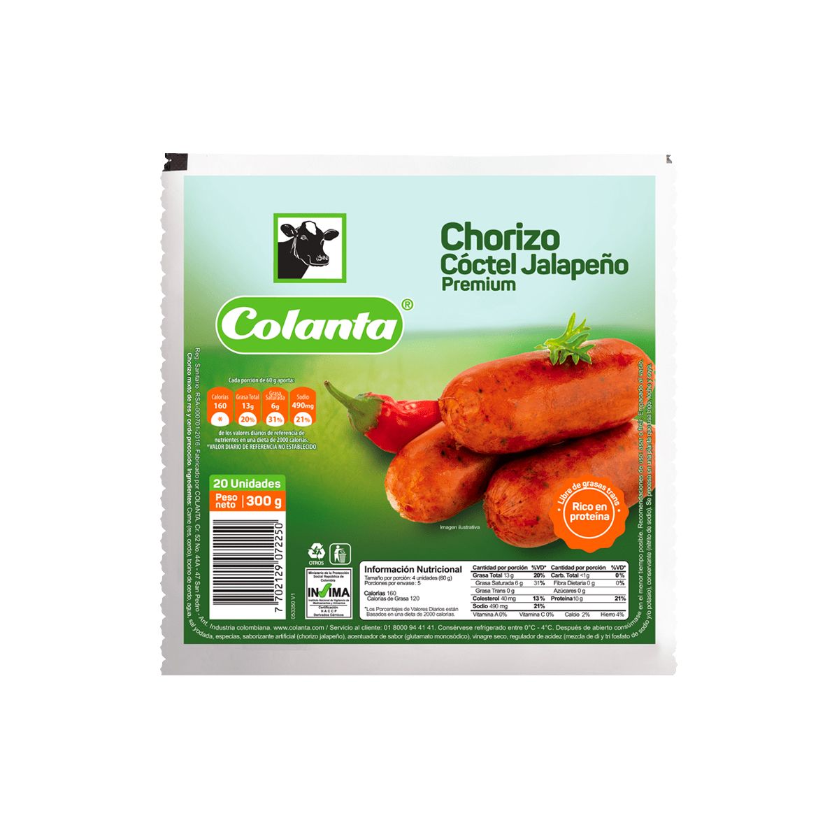10X Chorizo Coctel Jalapeño Colanta x 300 Gr Paquete