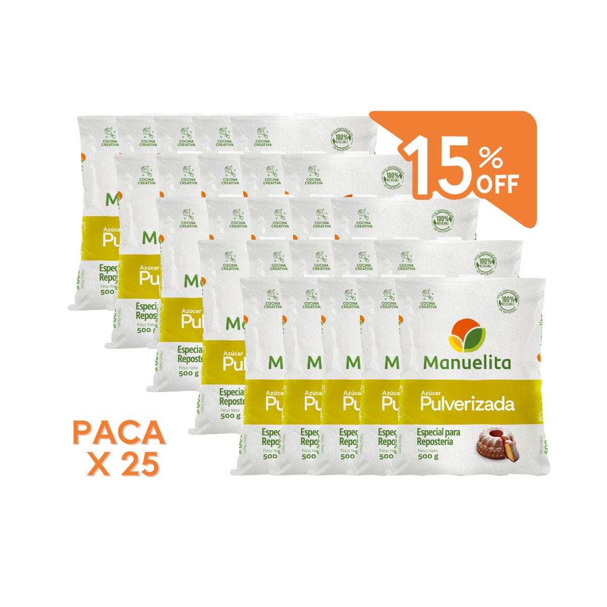 10X Lleve Paca X 25 Und Azúcar Pulverizada Manuelita x 500 Gr Con 15% Descuento