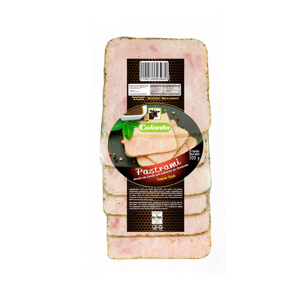 10X Jamón De Cerdo Pastrami Colanta x 500 G Tajado