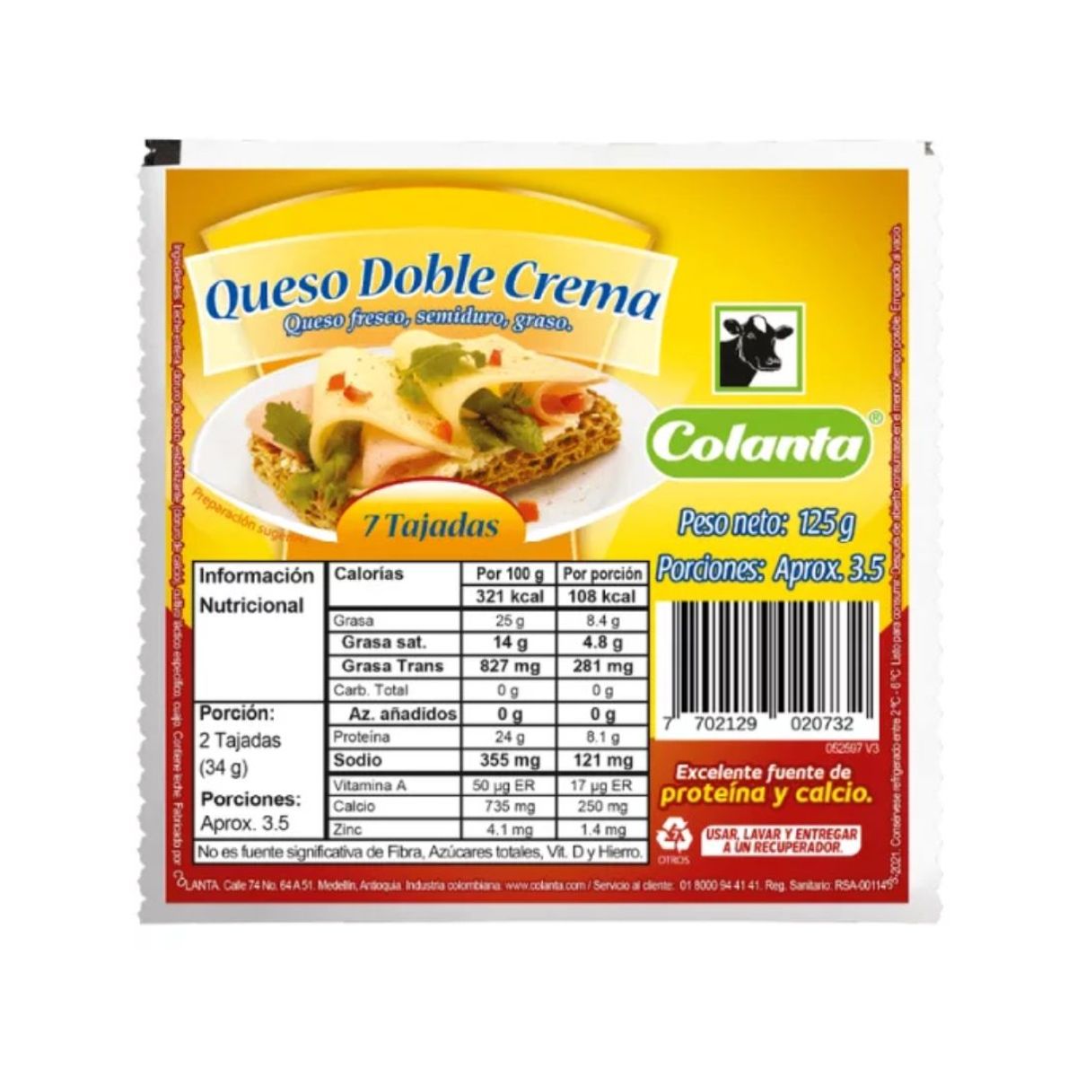 10X Queso Doble Crema Colanta Tajado x 125 Gr