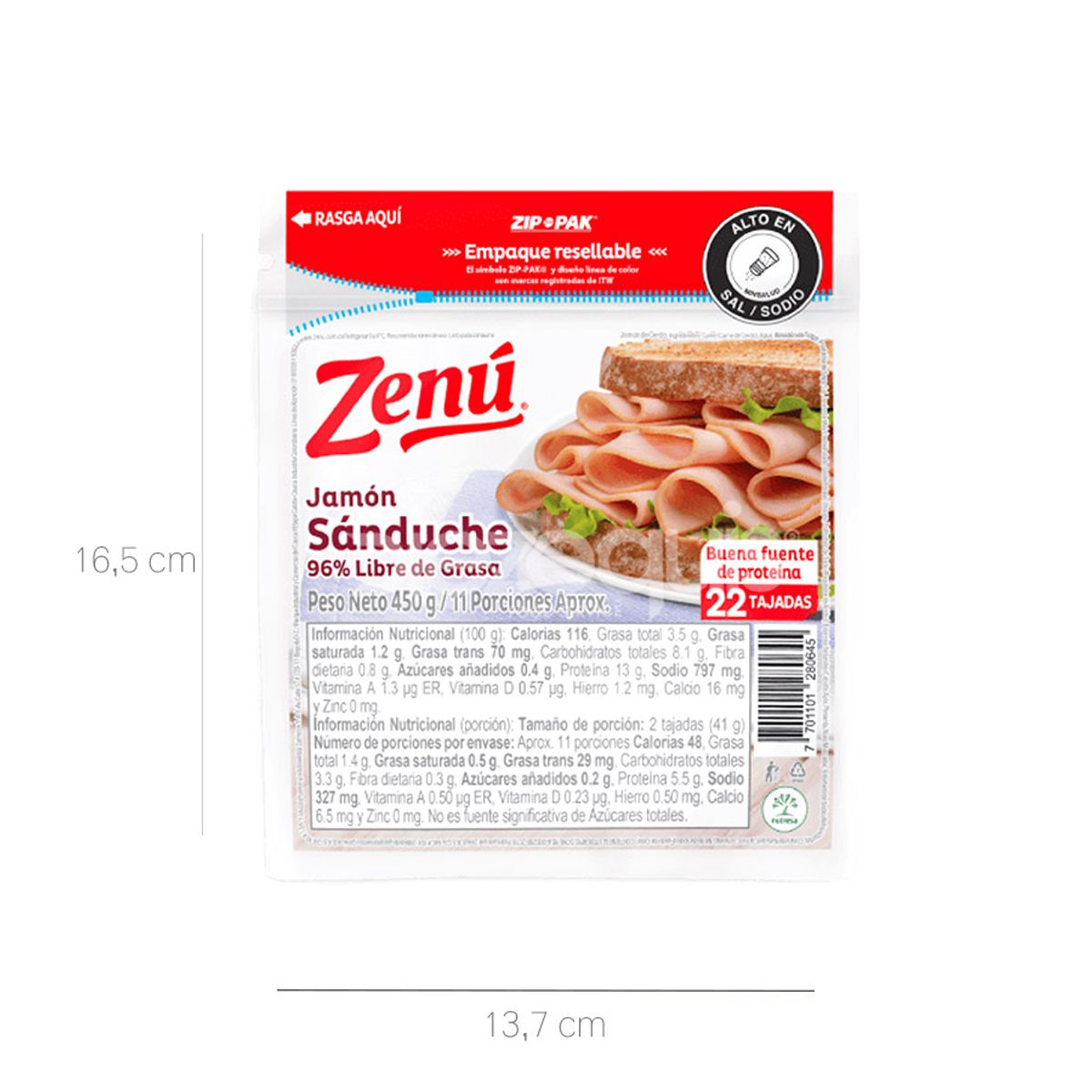 10X Jamón Sanduche Zenú Tajadas x 450 Gr