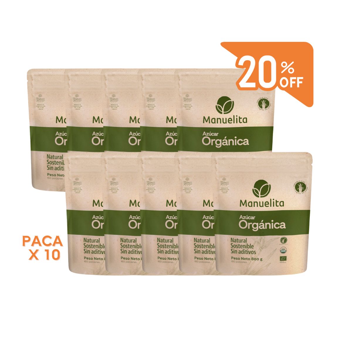 10X Lleve Paca x 10 Und Azúcar Orgánica Manuelita x 800 Gr Doy Pack Con 20% Descuento