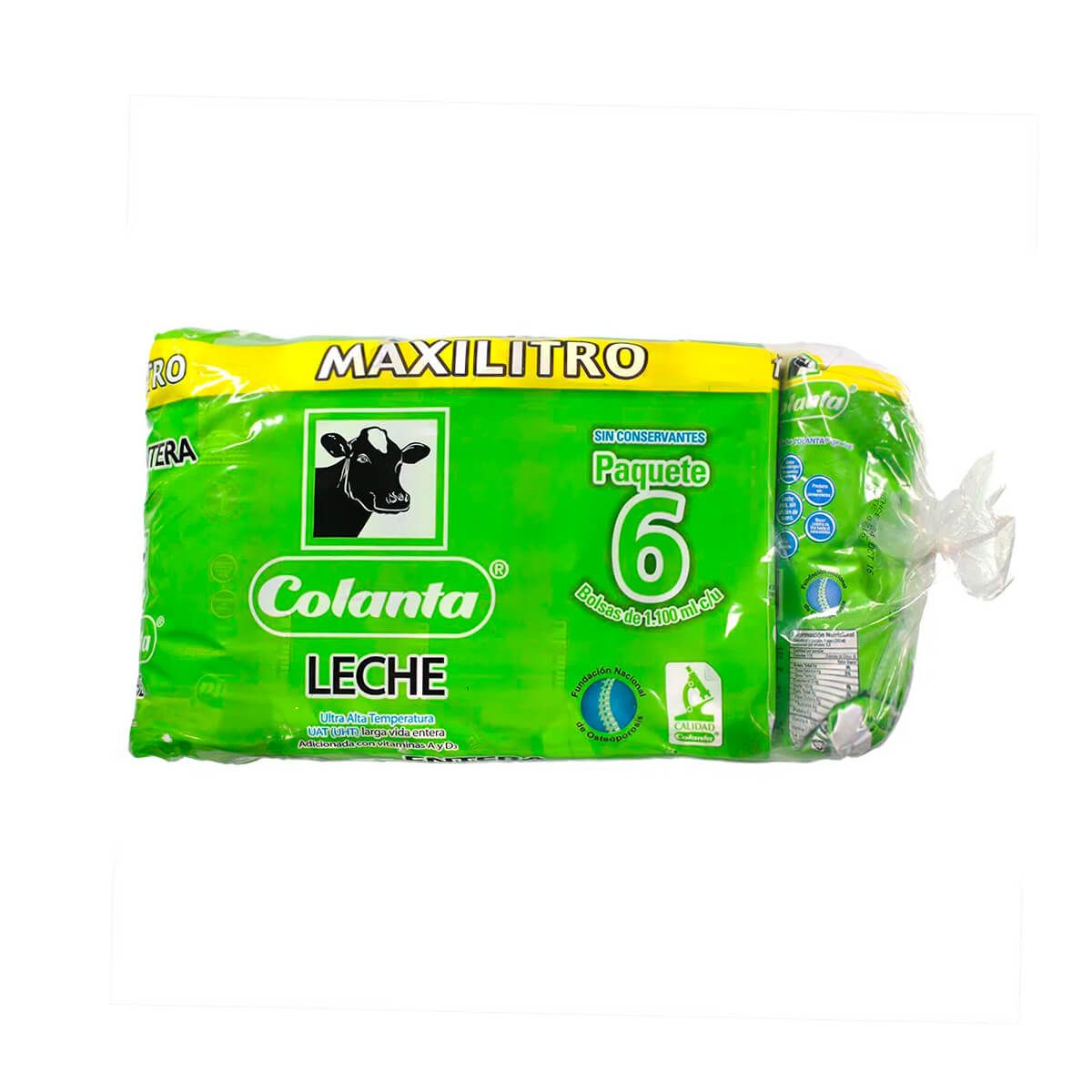 10X Leche UHT Entera Maxilitro Colanta 1100 Ml Bolsa x 6 und