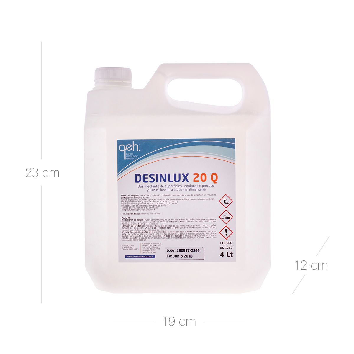 10X Desinfectante Amonio Cuaternario Con Enjuague Desinlux 20 QEH x 4000 Mll