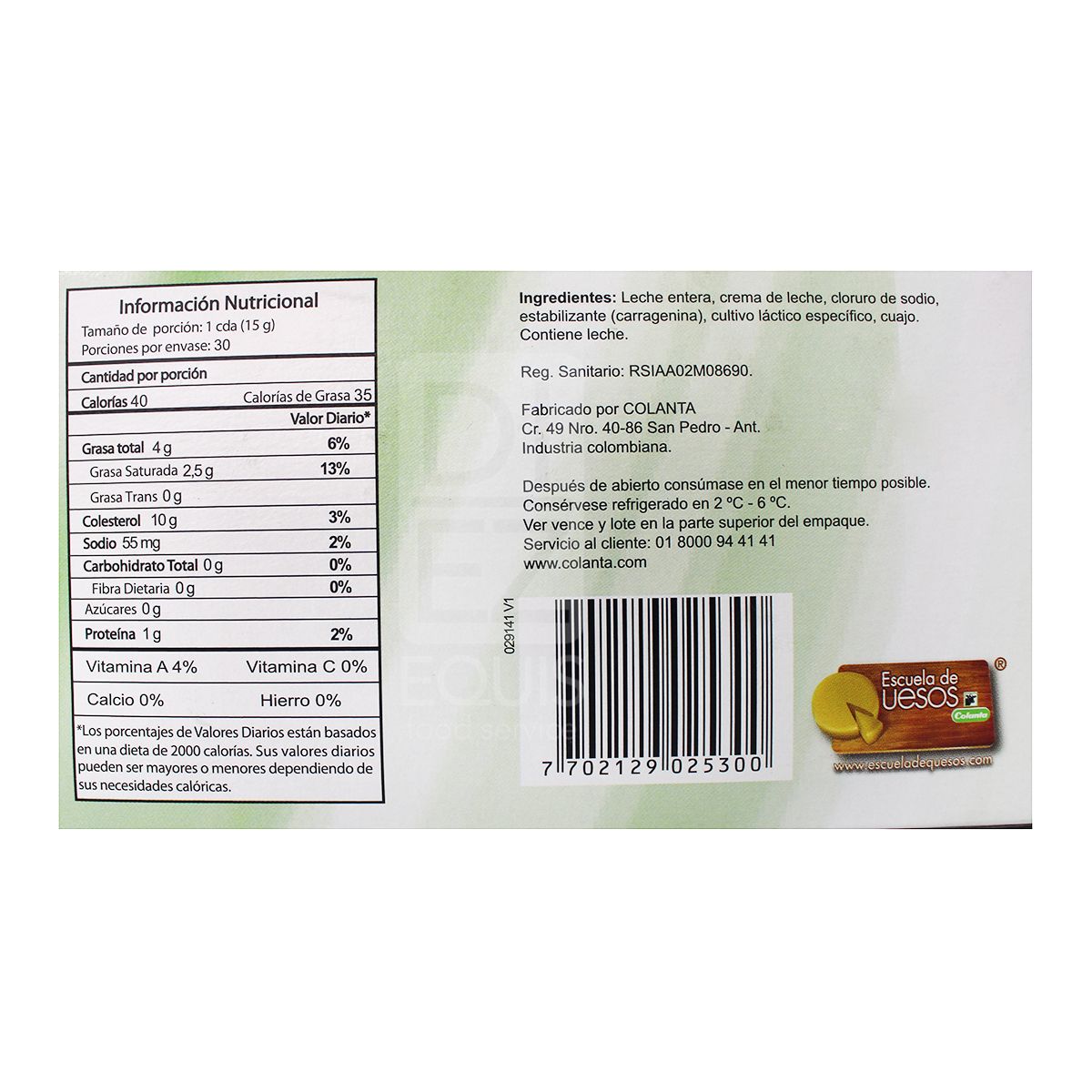 10X Queso Crema Colanta x 15 Gr Caja x 30 Unidades