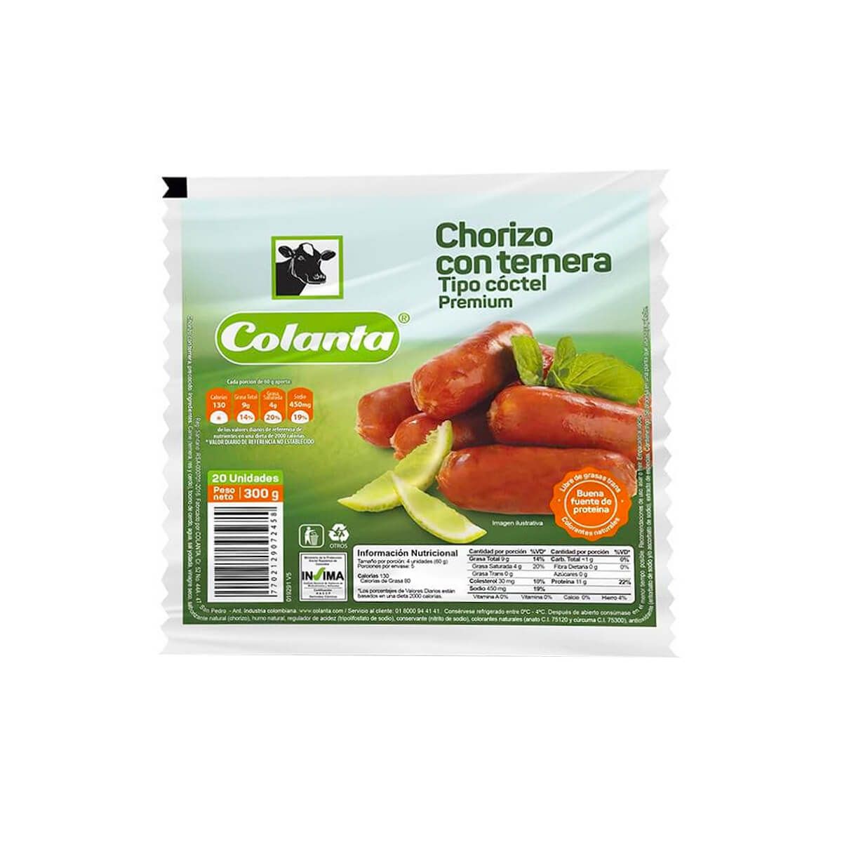10X Chorizo Ternera Cóctel Colanta x 300 Gr Paquete x 18 Und
