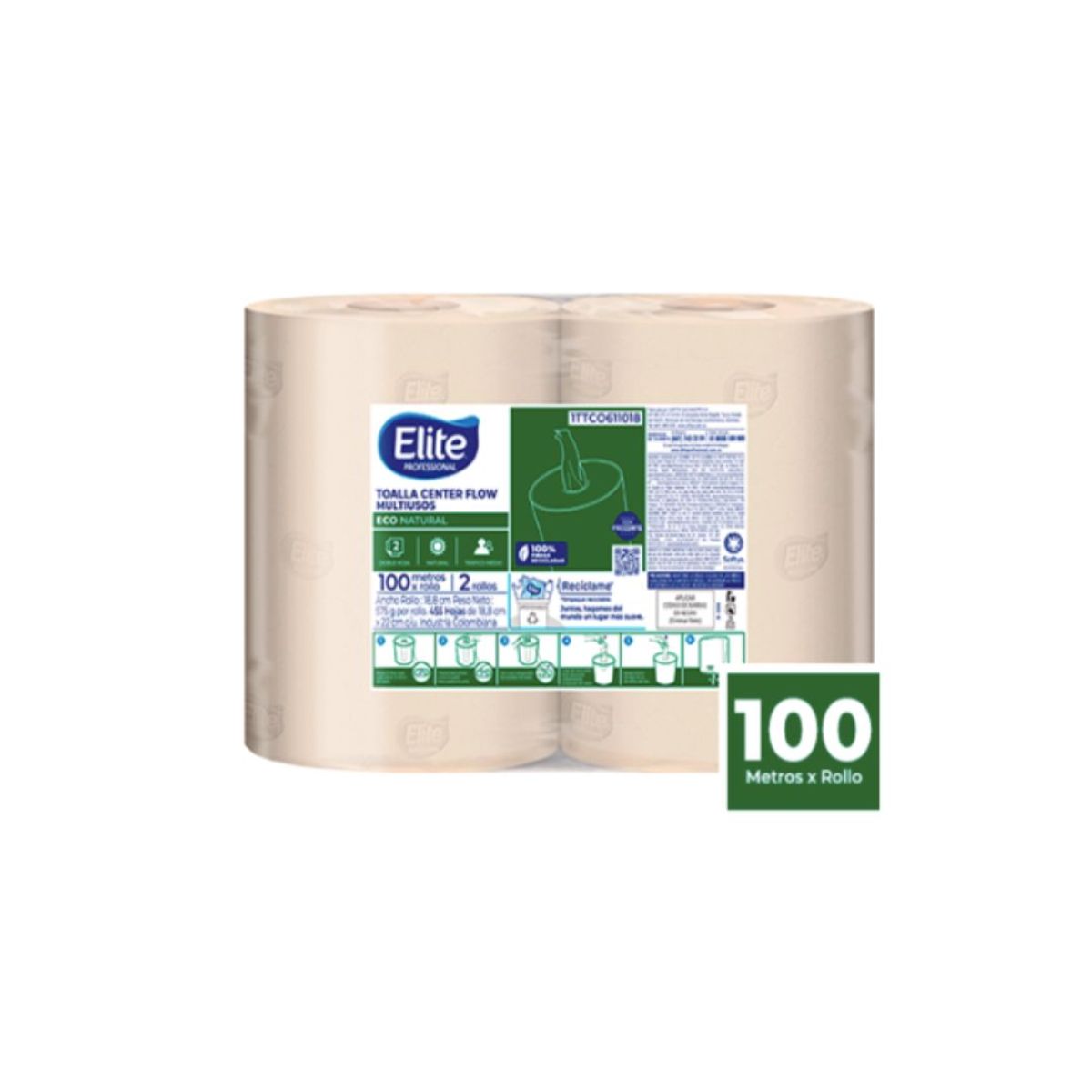 10X Toalla Mano Rollo Center Flow DH Eco Natural Elite 611018 Cj x 2 x 100mts